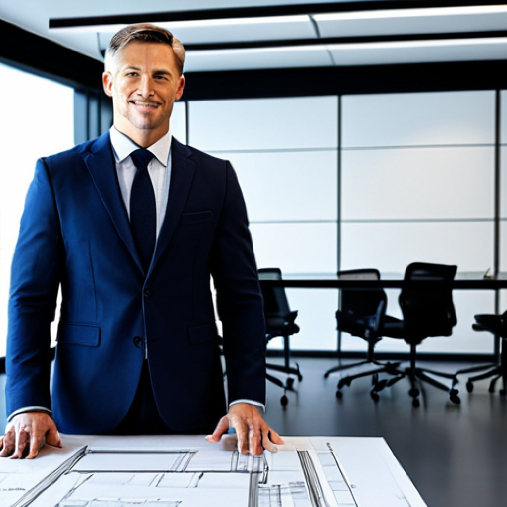 **

"A fully clothed architect wearing a professional, stylish blazer and trousers, standing in a brightly lit, modern architectural office with blueprints spread across a large table, safe for work, appropriate content, perfect anatomy, correct proportions, natural pose, well-formed hands, proper finger count, natural body proportions, professional, modest, family-friendly, high quality render, detailed background."

**
