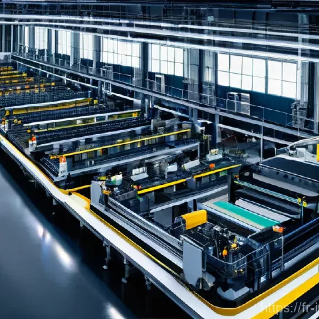 산업공학 시뮬레이션 - **Prompt:** A high-angle, panoramic shot of a sophisticated, modern manufacturing facility, bustling...