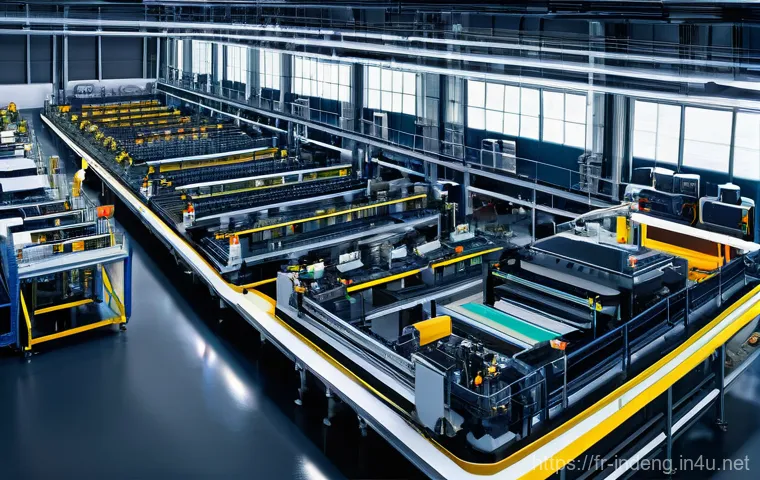 산업공학 시뮬레이션 - **Prompt:** A high-angle, panoramic shot of a sophisticated, modern manufacturing facility, bustling...