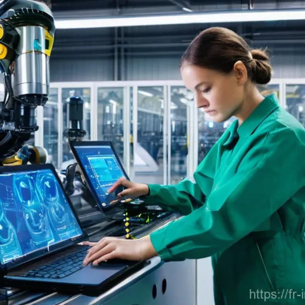 산업공학과 로보틱스 - **Prompt:** "A cutting-edge French factory floor, brightly lit and pristine. A skilled female techni...