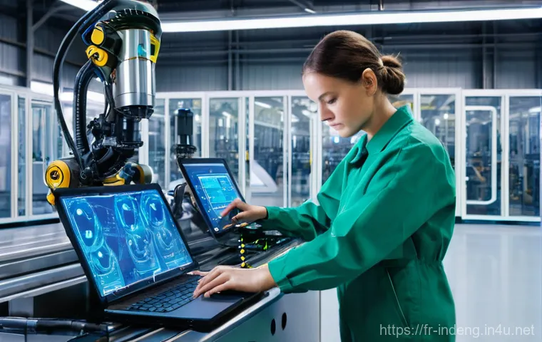 산업공학과 로보틱스 - **Prompt:** "A cutting-edge French factory floor, brightly lit and pristine. A skilled female techni...