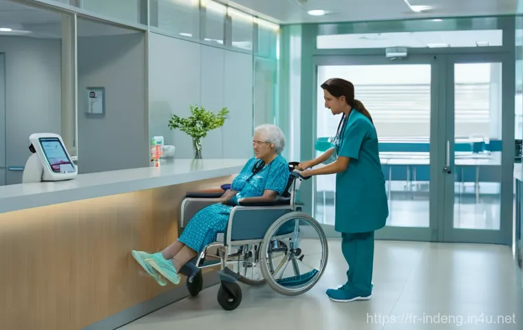 산업공학과 헬스케어 시스템 - **Optimized Patient Journey in a Modern Hospital:** A wide shot capturing the bright and welcoming l...