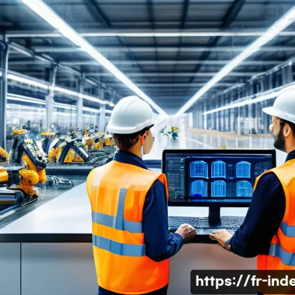 산업공학과 ERP 시스템 - **Prompt:** "A brightly lit, modern factory floor in France. Industrial engineers wearing safety ves...