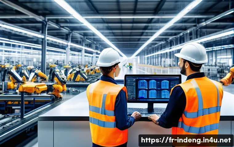 산업공학과 ERP 시스템 - **Prompt:** "A brightly lit, modern factory floor in France. Industrial engineers wearing safety ves...