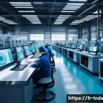 산업공학에서 사용하는 프로그래밍 언어 - A modern industrial factory floor with advanced automation systems, featuring robotic arms assemblin...