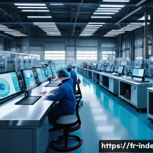 산업공학에서 사용하는 프로그래밍 언어 - A modern industrial factory floor with advanced automation systems, featuring robotic arms assemblin...