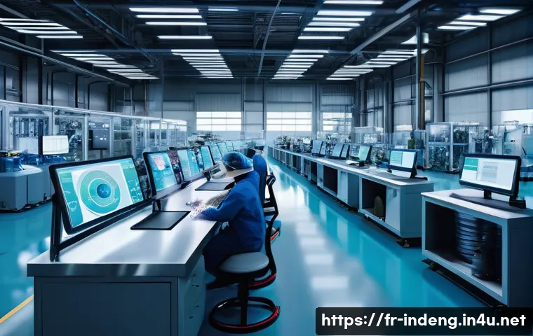 산업공학에서 사용하는 프로그래밍 언어 - A modern industrial factory floor with advanced automation systems, featuring robotic arms assemblin...