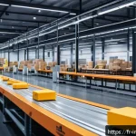 산업공학과 재고 관리 최적화 - A modern warehouse interior showcasing advanced automation: sleek robots efficiently sorting and pre...