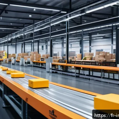산업공학과 재고 관리 최적화 - A modern warehouse interior showcasing advanced automation: sleek robots efficiently sorting and pre...
