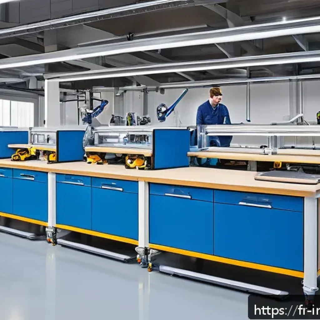 산업공학에서의 인간공학 - A modern industrial workshop scene focusing on ergonomic workstation design: adjustable-height table...