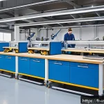 산업공학에서의 인간공학 - A modern industrial workshop scene focusing on ergonomic workstation design: adjustable-height table...