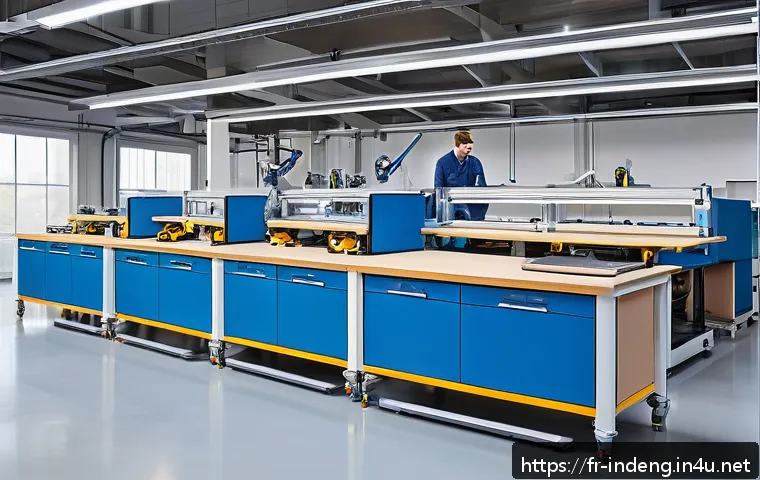 산업공학에서의 인간공학 - A modern industrial workshop scene focusing on ergonomic workstation design: adjustable-height table...