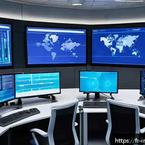 산업공학에서의 리스크 관리 - A modern industrial control room with large digital screens displaying real-time simulation data of ...